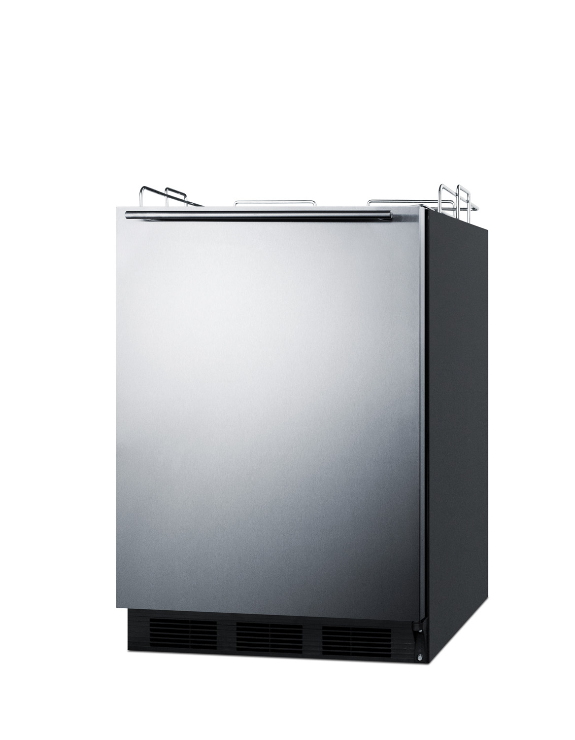 Built-in undercounter ADA height commercially listed kegerator with stainless steel wrapped door and black cabinet; no tapping equipment included